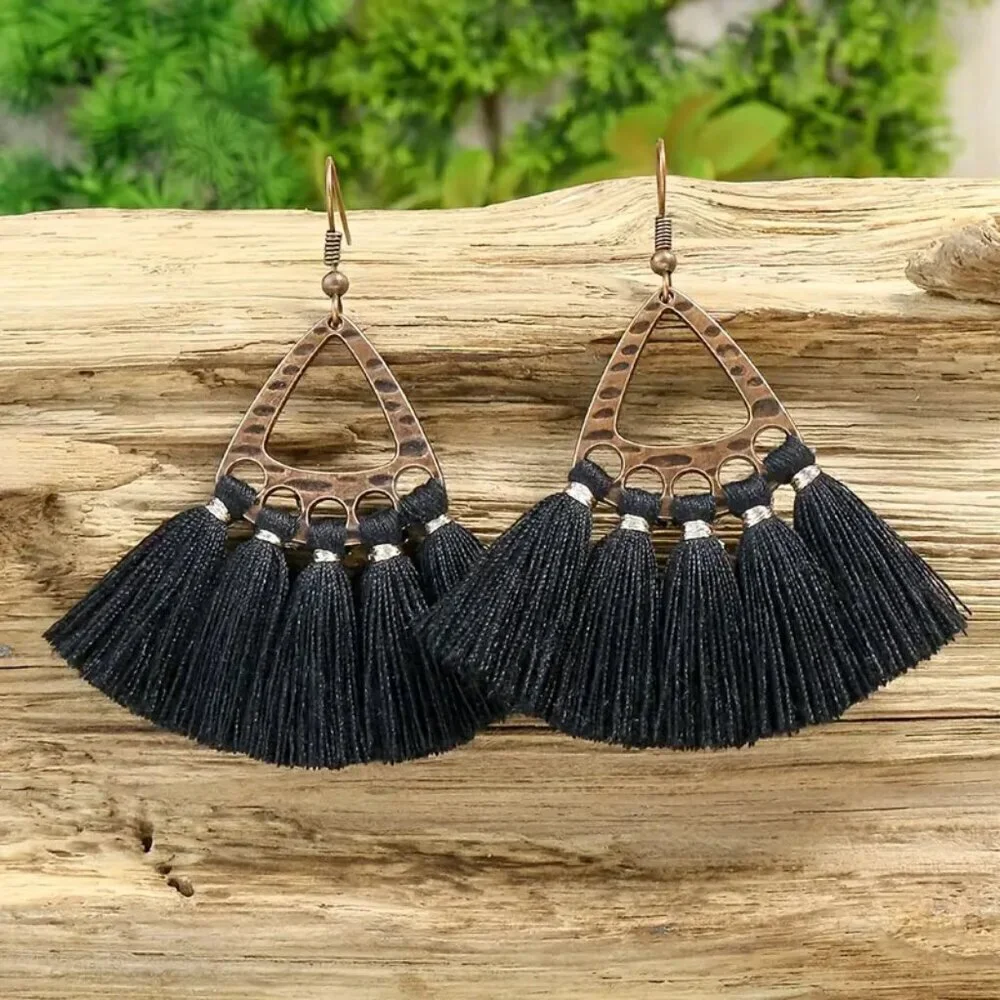 NEW pair BOHO black tassel earrings, trendy vintage jewelry, retro earrings